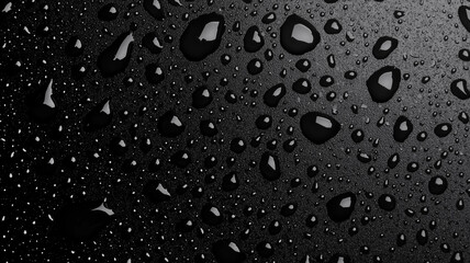 Aufkleber - Water droplets on dark surface create textured pattern, showcasing various sizes and shapes. glossy appearance of droplets adds depth and contrast to image