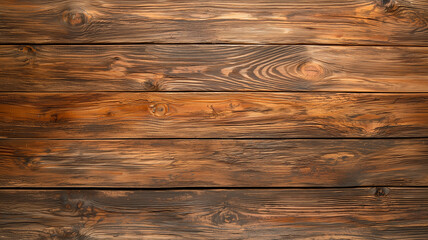 Poster - Wooden plank texture with natural grain patterns, top view, showcasing rich brown tones and rustic charm. Ideal for backgrounds or design elements