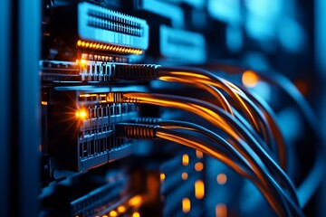 Aufkleber - Closeup of illuminated network server cables in data center environment : Generative AI