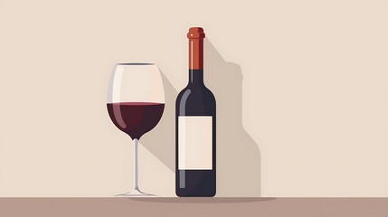 Wall Mural - A bottle of red wine beside a glass filled with wine, set against a simple background.