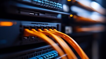 Aufkleber - Close Up of Network Cables Plugged Into Data Center Server with Blue and Orange Lights : Generative AI