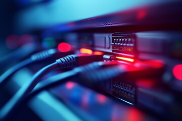 Leinwandbilder - Close-Up of Blinking Network Servers Cables with Red and Blue Lights in Data Center : Generative AI