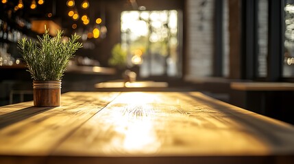 Aufkleber - Sunlit Wooden Cafe Table with Thoughtful Details and Green Plant Decor for Tranquil Atmosphere : Generative AI