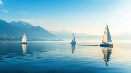  Tranquil Sailing Scene with White Sails Gliding on Calm Lake Surrounded by Majestic Mountains and Clear Blue Skies in Soft Natural Light