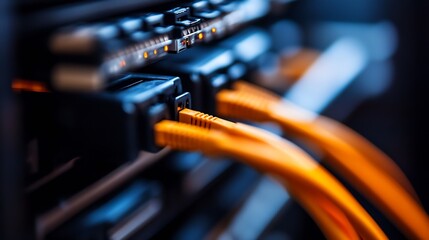 Aufkleber - Orange Ethernet Cables Inserted in Data Server Panel in Modern IT Infrastructure Setup : Generative AI