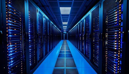 Poster - Modern digital data center hallway with illuminated racks and cyber security focus : Generative AI
