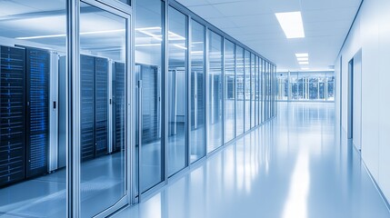 Aufkleber - Bright Server Room with Glass Doors and Contemporary Networking Equipment for Efficient Data Processing : Generative AI