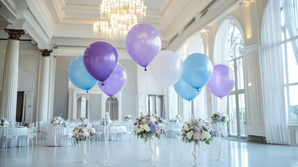 Wall Mural - Purple and blue balloons in a minimalist wedding room with white floral details generative ai