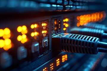 Aufkleber - Ethernet Cable Connections in Data Center Server with Glowing Lights for Network Technology : Generative AI