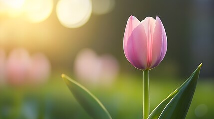 Canvas Print - Serene Pink Tulip at Sunrise in a Tranquil Garden Setting with Golden Bokeh Background : Generative AI