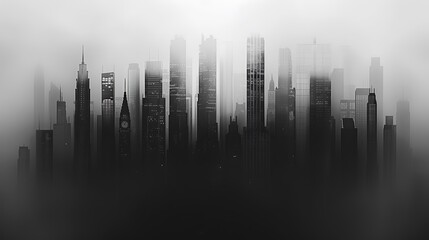 Canvas Print - A monochromatic city skyline shrouded in mist, creating a mysterious and atmospheric urban landscape.