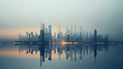 Canvas Print - A misty skyline reflecting on water at dawn, showcasing modern architecture and a serene atmosphere.