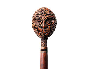 Carved wooden staff with intricate tribal design, isolated on white background.