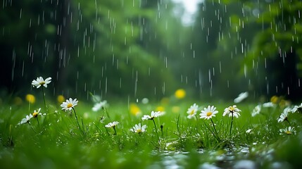 Canvas Print - Delicate Daisies Amidst Gentle Rainfall in Vibrant Green Pasture : Generative AI