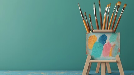 A vibrant artist's easel holds paintbrushes against a teal backdrop, showcasing creativity and artistic tools.