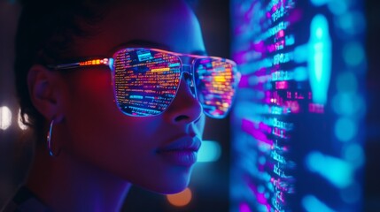 Poster - A young woman stands in a vibrant, neon-lit setting, sporting reflective sunglasses that display colorful code. The futuristic atmosphere highlights her intense gaze as lights flicker around her.