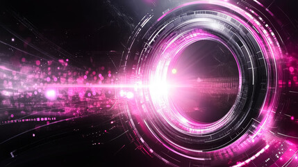 Wall Mural - digital art bright pink and silver glowing tech circle on dark background. science, futuristic digit