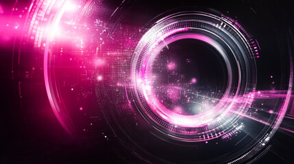 Wall Mural - digital art bright pink and silver neon tech circle on dark background. science, futuristic digital 