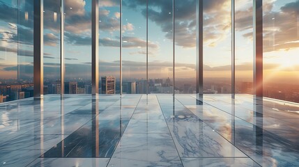 Canvas Print - A modern office space with large glass windows showcasing a sunset view over a city skyline.