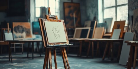 in the studio many easels and drawing boards no one t