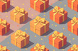 © Elena Verba - Pattern of gift boxes wrapped in golden ribbon over colored background.