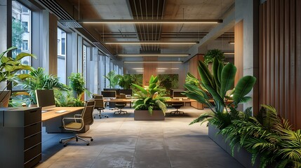 Canvas Print - A modern office space filled with greenery, promoting a fresh and productive work environment.