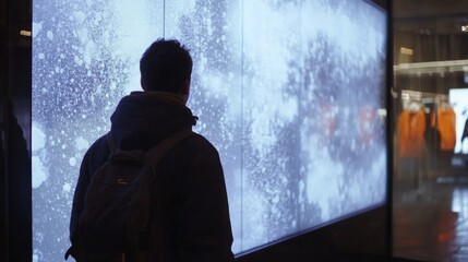 Aufkleber - At night, an individual stands in front of a large digital display filled with abstract visuals. The setting is an urban shopping area, creating a vibrant atmosphere surrounded by city lights.