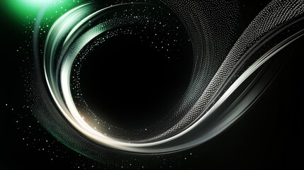 Wall Mural - airy digital neon emerald green and silver tech swirl on black background. science, futuristic digit