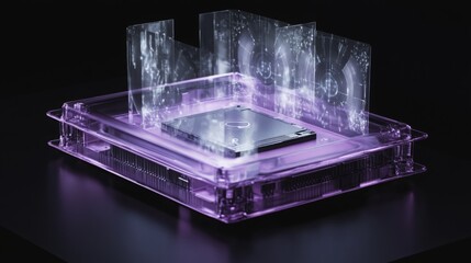 Poster - This futuristic purple device is situated in a dark environment, surrounded by transparent panels that show bright digital data. The design highlights advanced technology and innovation.