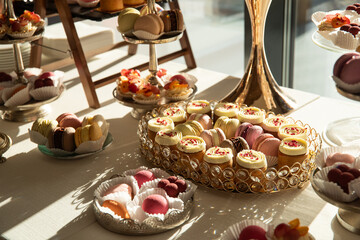 Wall Mural - A table with a variety of desserts and pastries. The desserts are arranged in glass bowls and trays