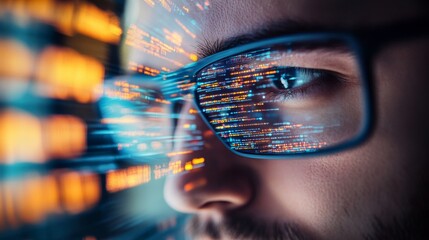 close-up man face he wearing pair black-framed focused developer coder looking