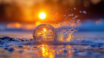 Poster - A glass sphere on the beach with a sunset behind it, creating a splash of water.