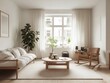 © Bijac - stylish scandinavian living room featuring white walls, natural wooden furniture, and a cozy ambiance, adorned with soft textiles and plants that create a serene environment