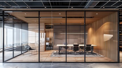 Canvas Print - Modern glass-walled office space featuring a sleek design with wooden elements and a spacious meeting area.