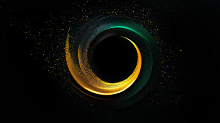Wall Mural - airy digital neon emerald green and golden tech circle on black background. science, futuristic digi
