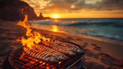 Wall Mural - Grilled Fish on Beach at Sunset Summer BBQ Ocean View