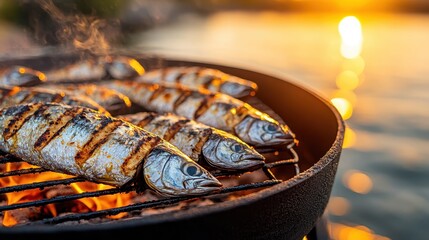 Wall Mural - Grilled Fish Sunset BBQ Seafood Cooking Outdoors Summer