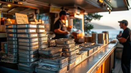 Wall Mural - Sunset Seafood Market Stall Fresh Sardines in Tin Cans