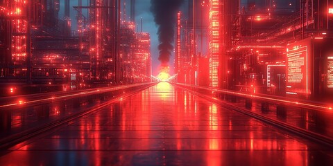 Wall Mural - Futuristic cityscape at dusk with vibrant red lights and a central glowing orb