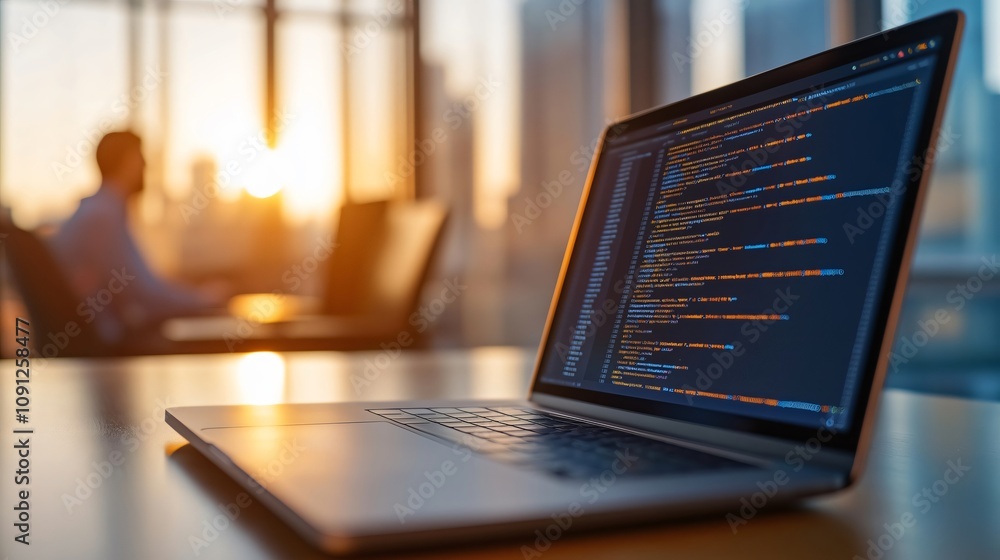 Software developer working on a laptop with lines of code in a modern ...