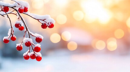 Wall Mural - scenic winter landscape with snow-dusted red berries on a branch during a cozy sunset, evoking a fes