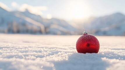 Wall Mural - festive winter scene with a red christmas ball on a snowy surface, with mountains and sunlight in th