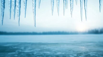 Wall Mural - Icicles hanging over a frozen lake with a winter sunset in the background