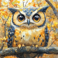 An owl with large expressive eyes sitting on a tree branch in an autumn forest.  