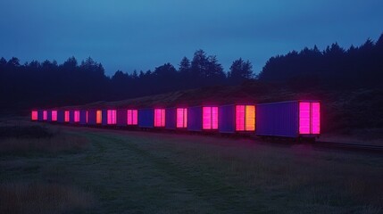 Sticker - A line of train cars glowing pink in the dusk.