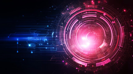 Wall Mural - digital art pink and blue tech neon circle on dark background. science, futuristic digital technolog