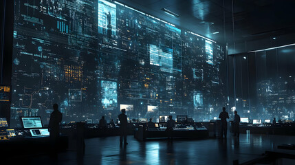 Tech Control Room Shows Silhouetted Team Working on Computers with Large Data Screen Display