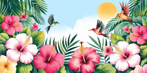  Watercolor illustration of a tropical garden in a serene landscape