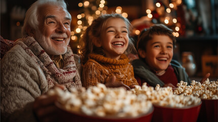 Wall Mural - A multi-generational family enjoying a Christmas movie night.