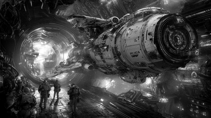 Wall Mural - A group of astronauts stands in awe before a large, detailed spacecraft within a dark, cavernous space. The scene conveys a sense of exploration and advanced technology.
